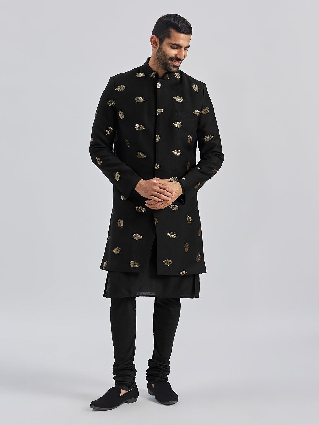 Men's Black Viscose Sherwani Set