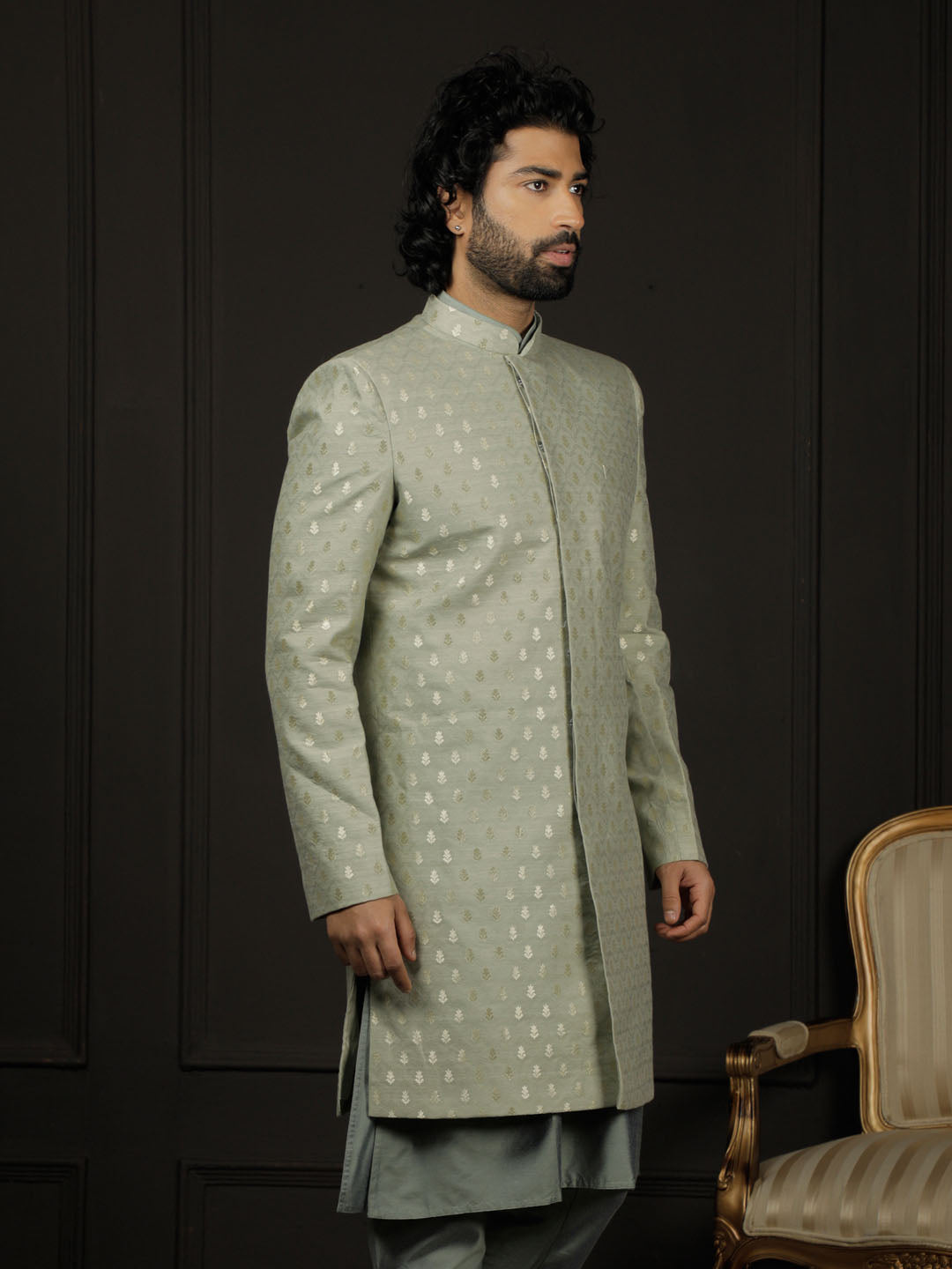 Men's Green Silk Blend Sherwani Only Top