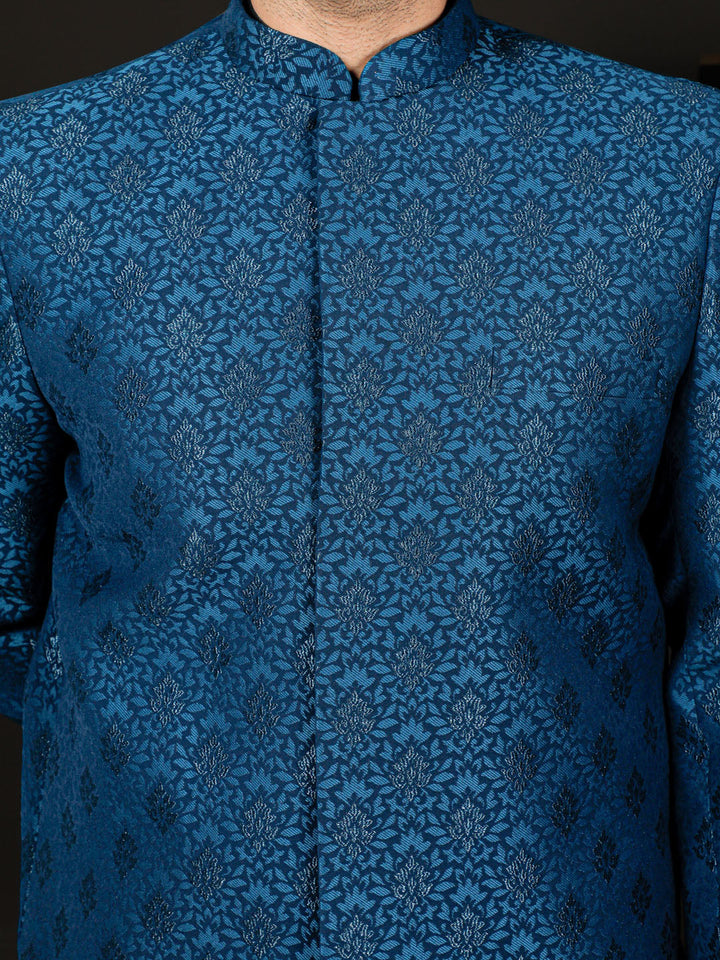 Men's Turquoise And Black Viscose Sherwani Set