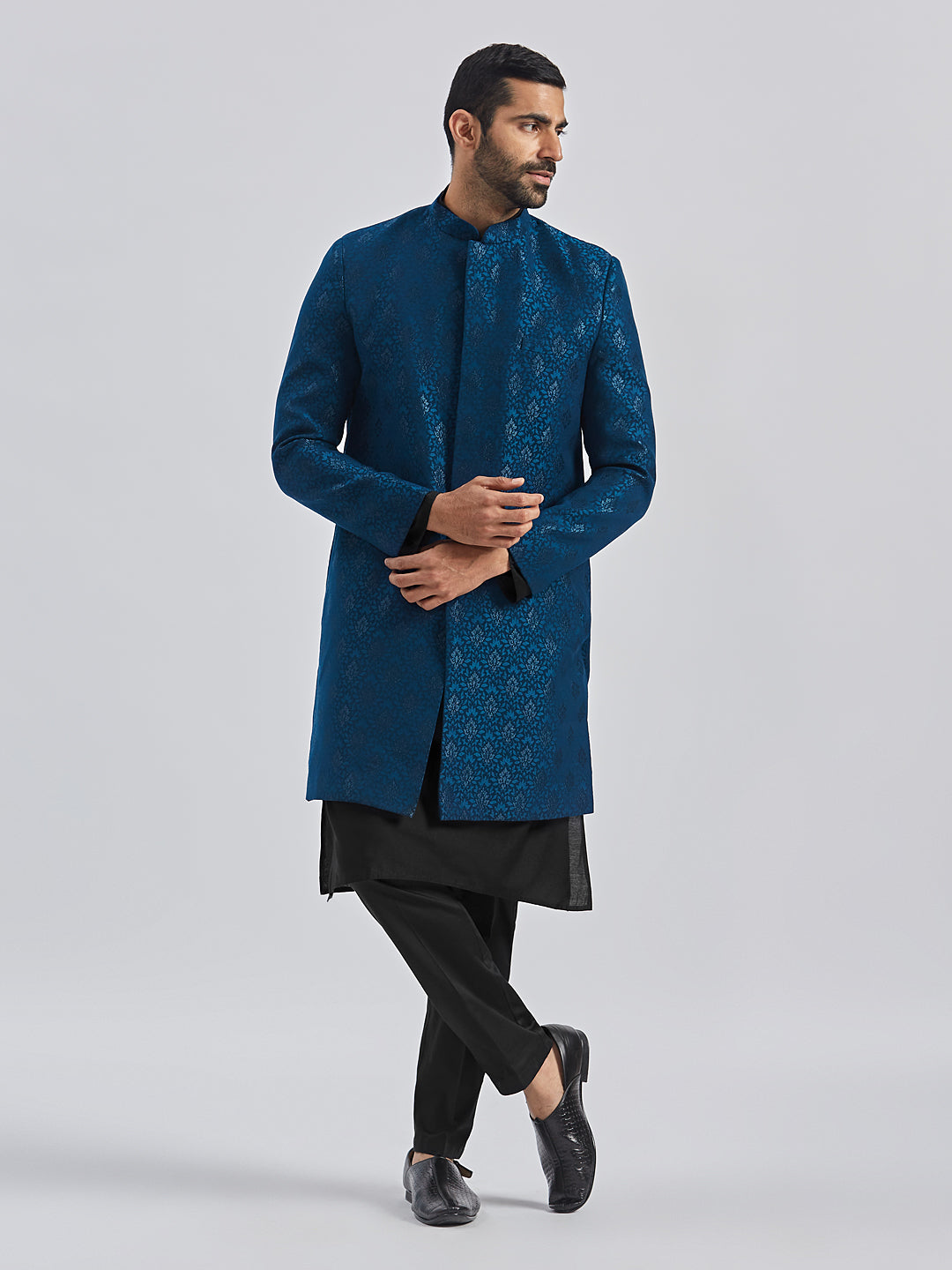 Men's Turquoise And Black Viscose Sherwani Set
