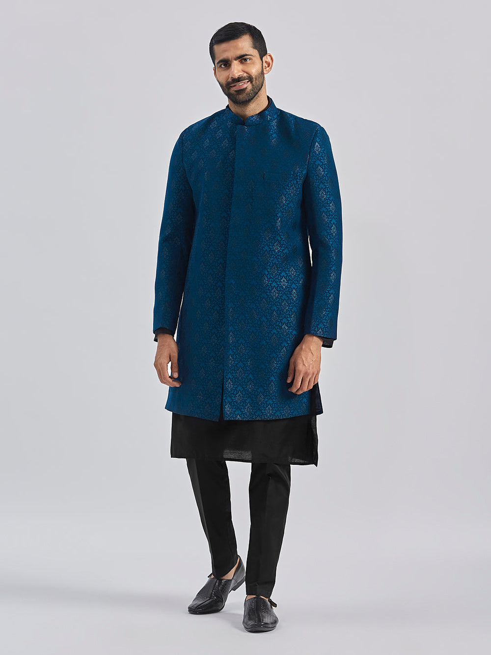 Men's Turquoise And Black Viscose Sherwani Set