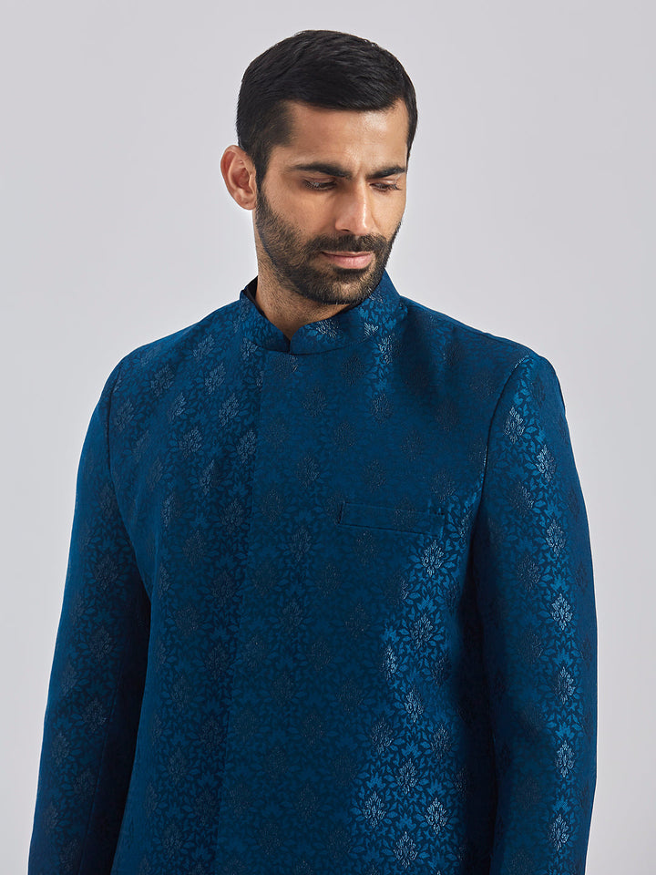Men's Turquoise And Black Viscose Sherwani Set