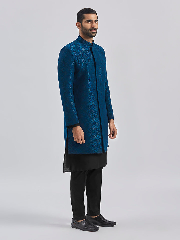 Men's Turquoise And Black Viscose Sherwani Set