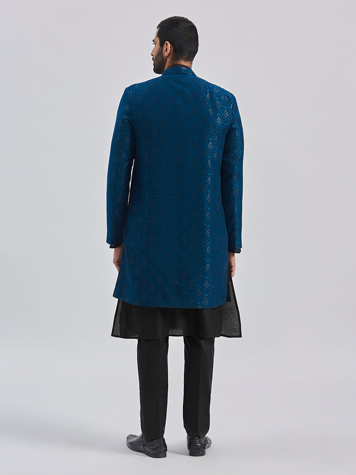 Men's Turquoise And Black Viscose Sherwani Set