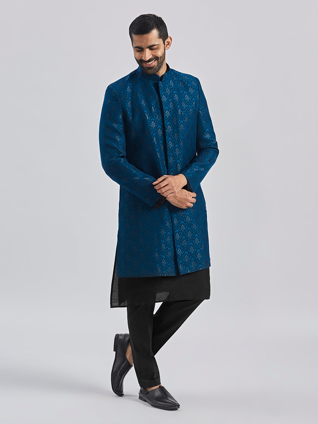 Men's Turquoise And Black Viscose Sherwani Set