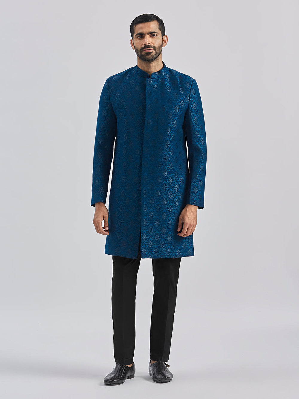 Men's Turquoise And Black Silk Blend Sherwani Set