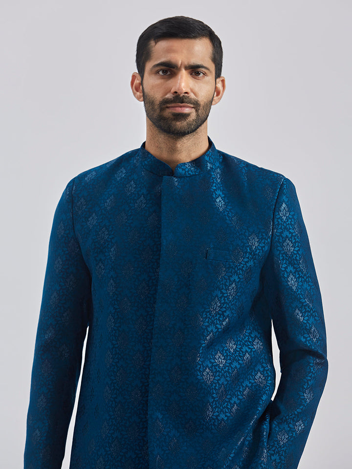 Men's Turquoise And Black Silk Blend Sherwani Set