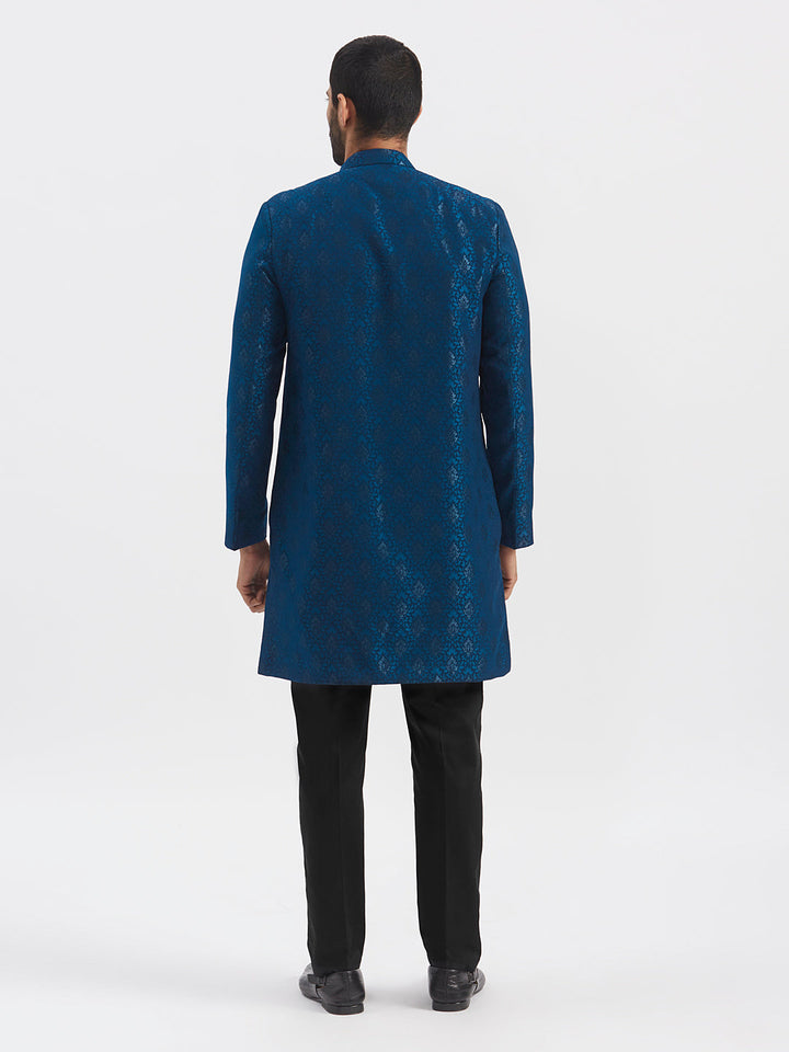 Men's Turquoise And Black Silk Blend Sherwani Set