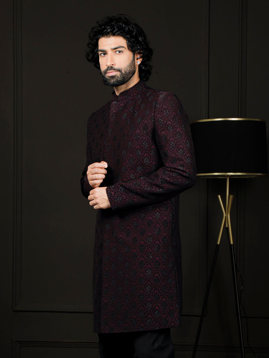 Men's Wine Silk Blend Sherwani Only Top