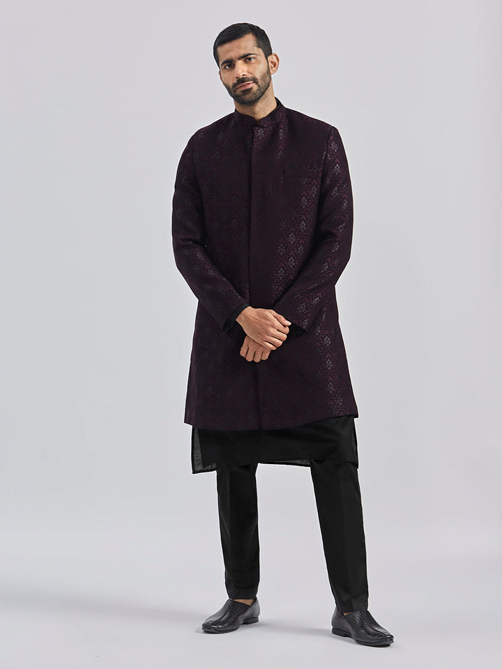 Men's Wine And Black Viscose Sherwani Set