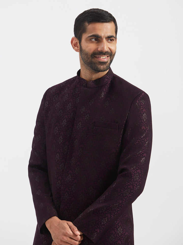 Men's Wine Silk Blend Sherwani Set