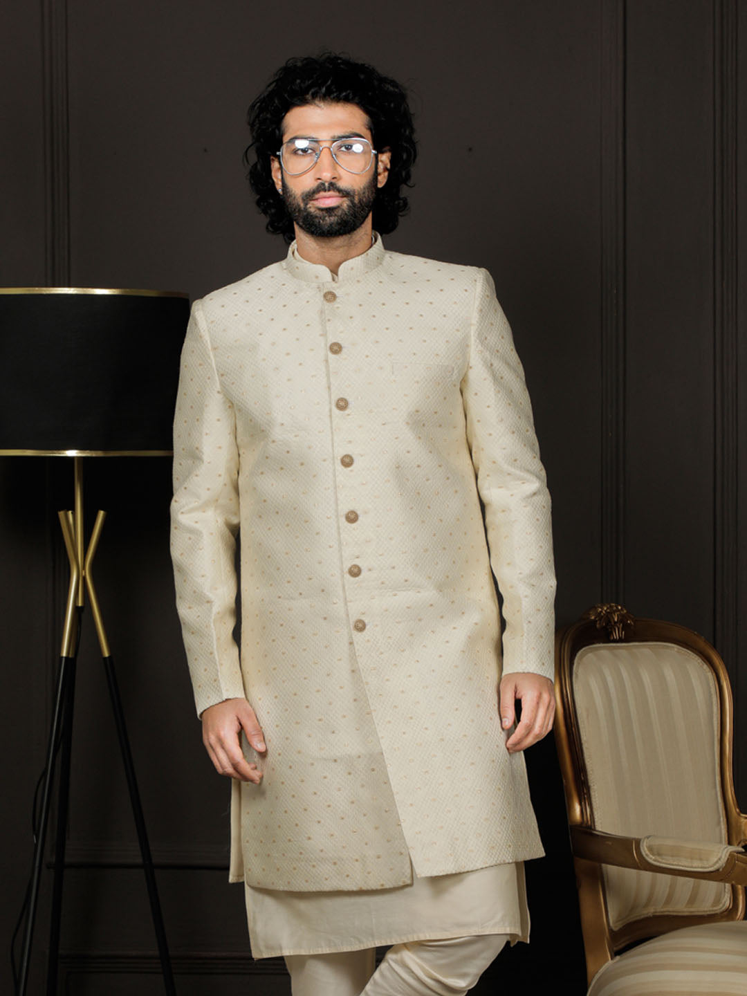 Men's Cream Silk Blend Sherwani Only Top