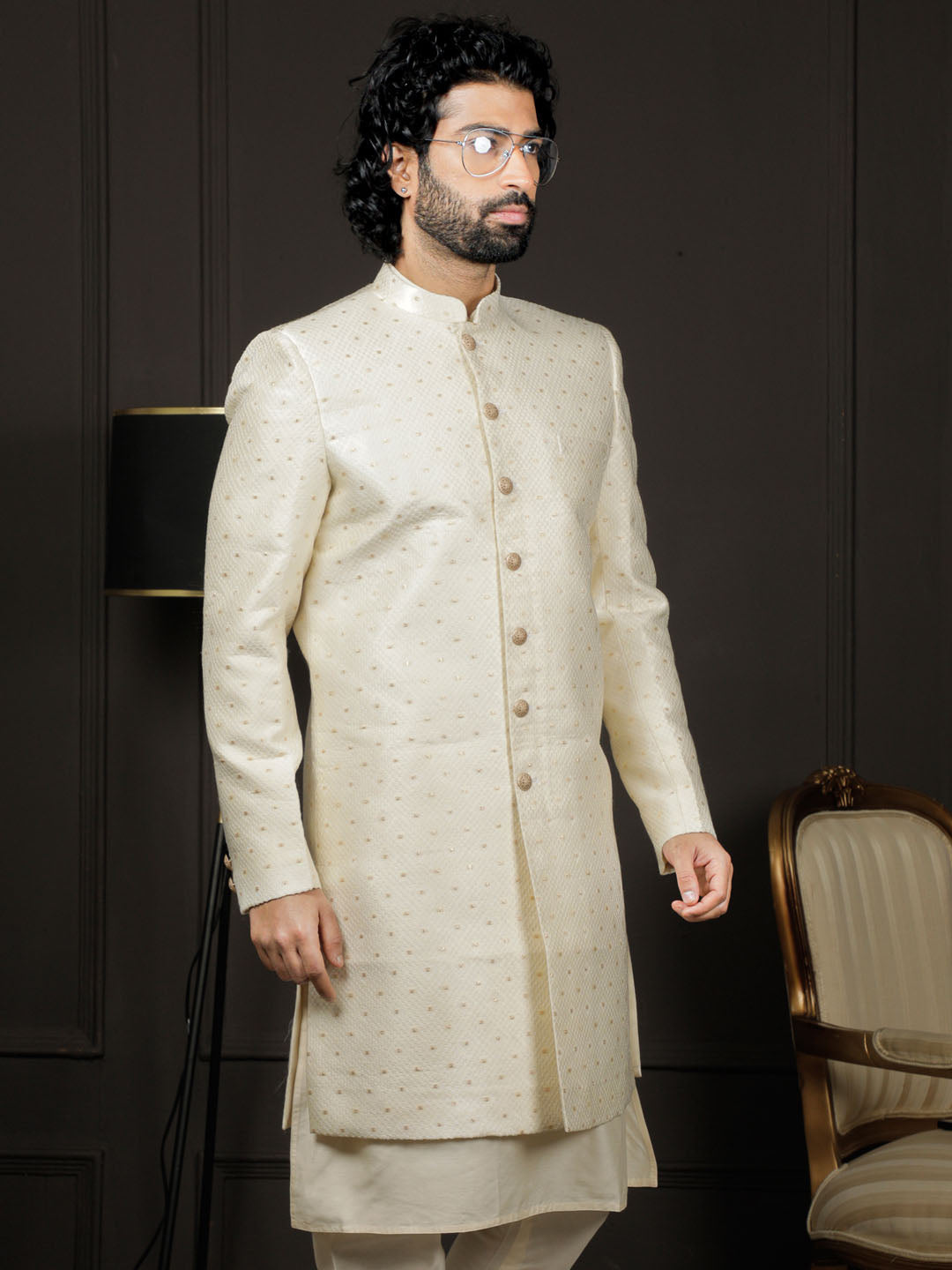 Men's Cream Silk Blend Sherwani Only Top