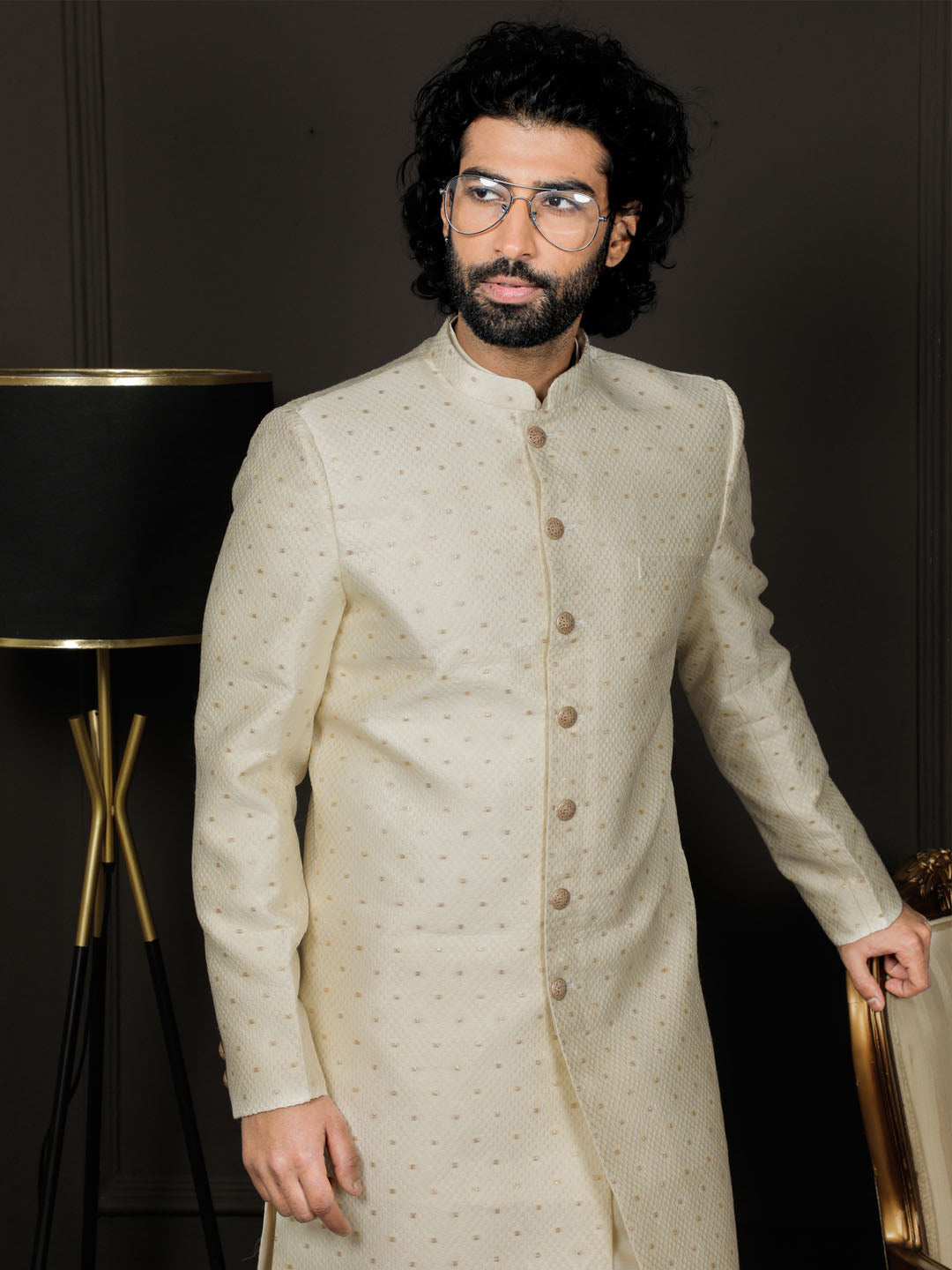 Men's Cream Silk Blend Sherwani Only Top