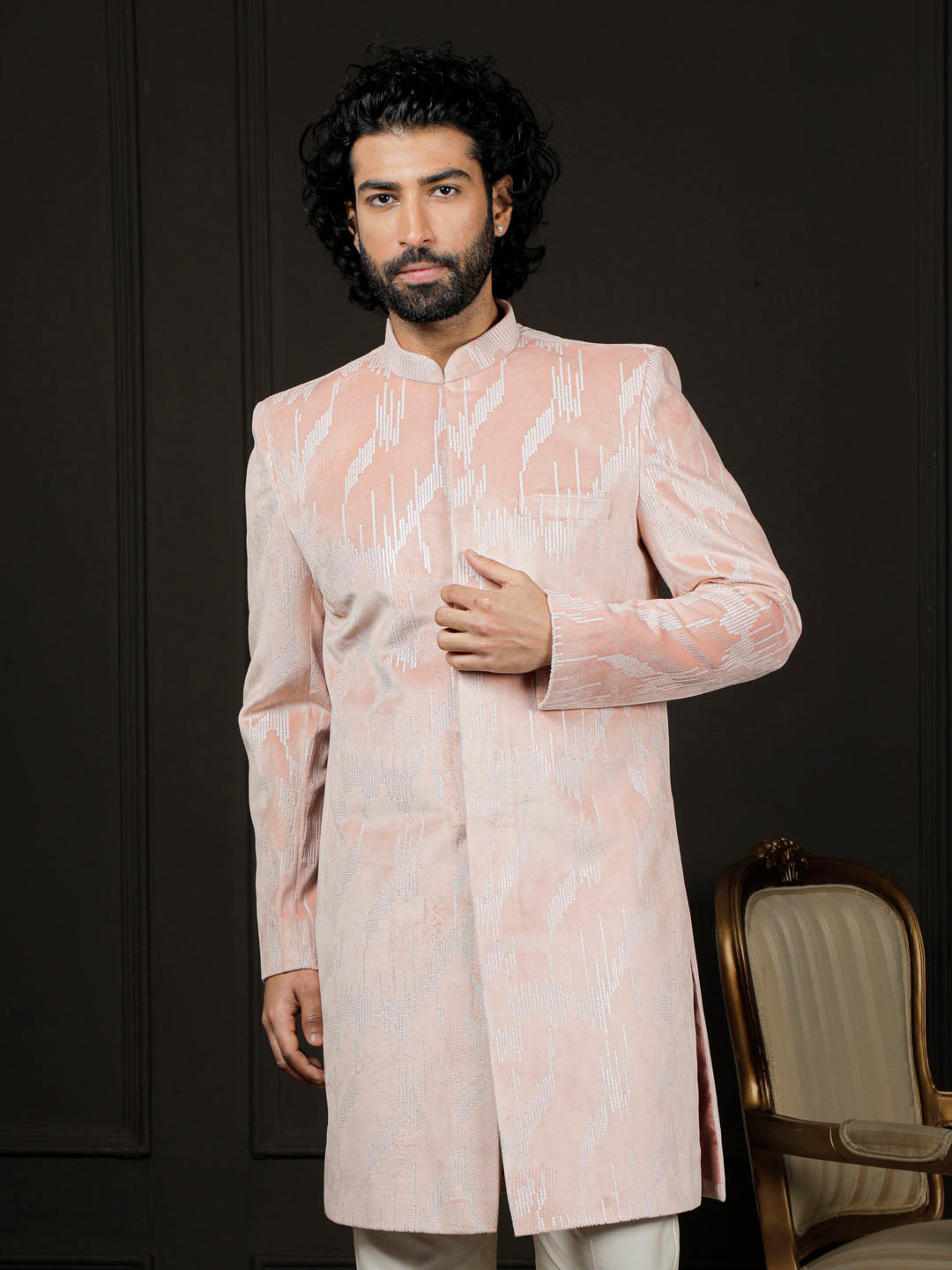 Men's Peach And Cream Velvet Sherwani Only Top