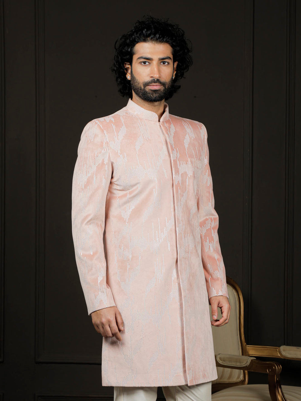 Men's Peach And Cream Velvet Sherwani Only Top