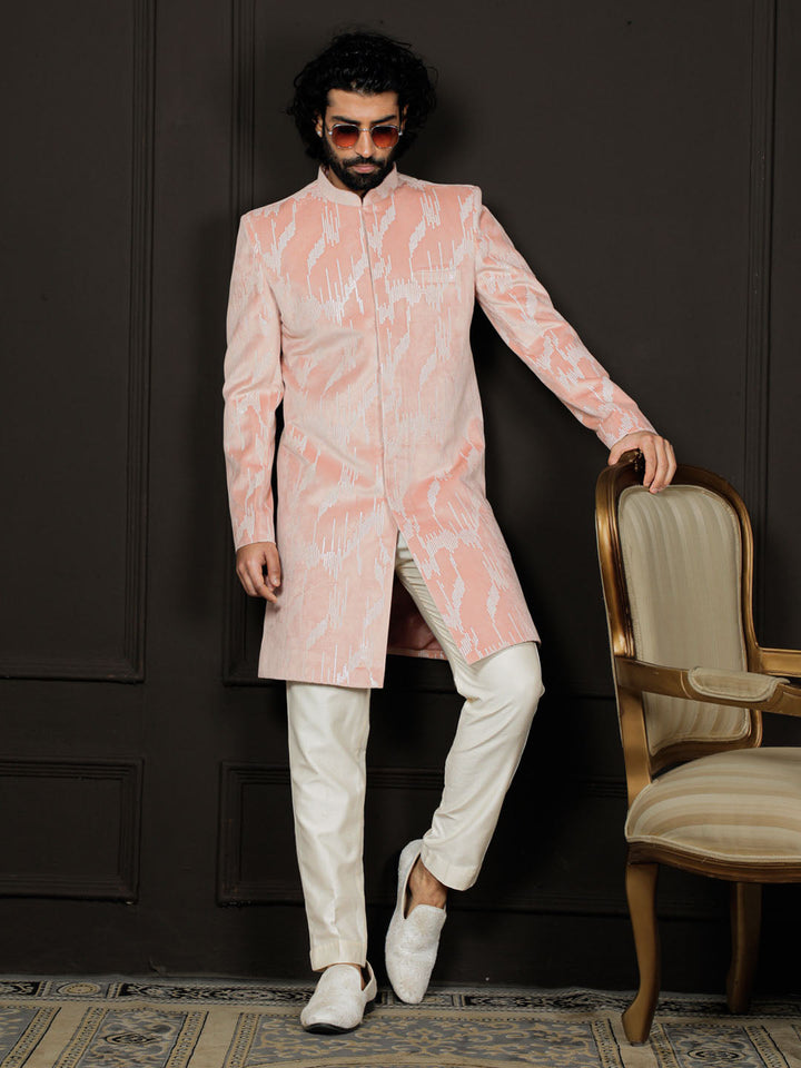 Men's Peach And Cream Velvet Sherwani Only Top