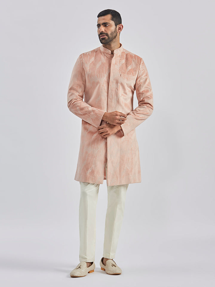 Men's Peach And Cream Velvet Sherwani Only Top