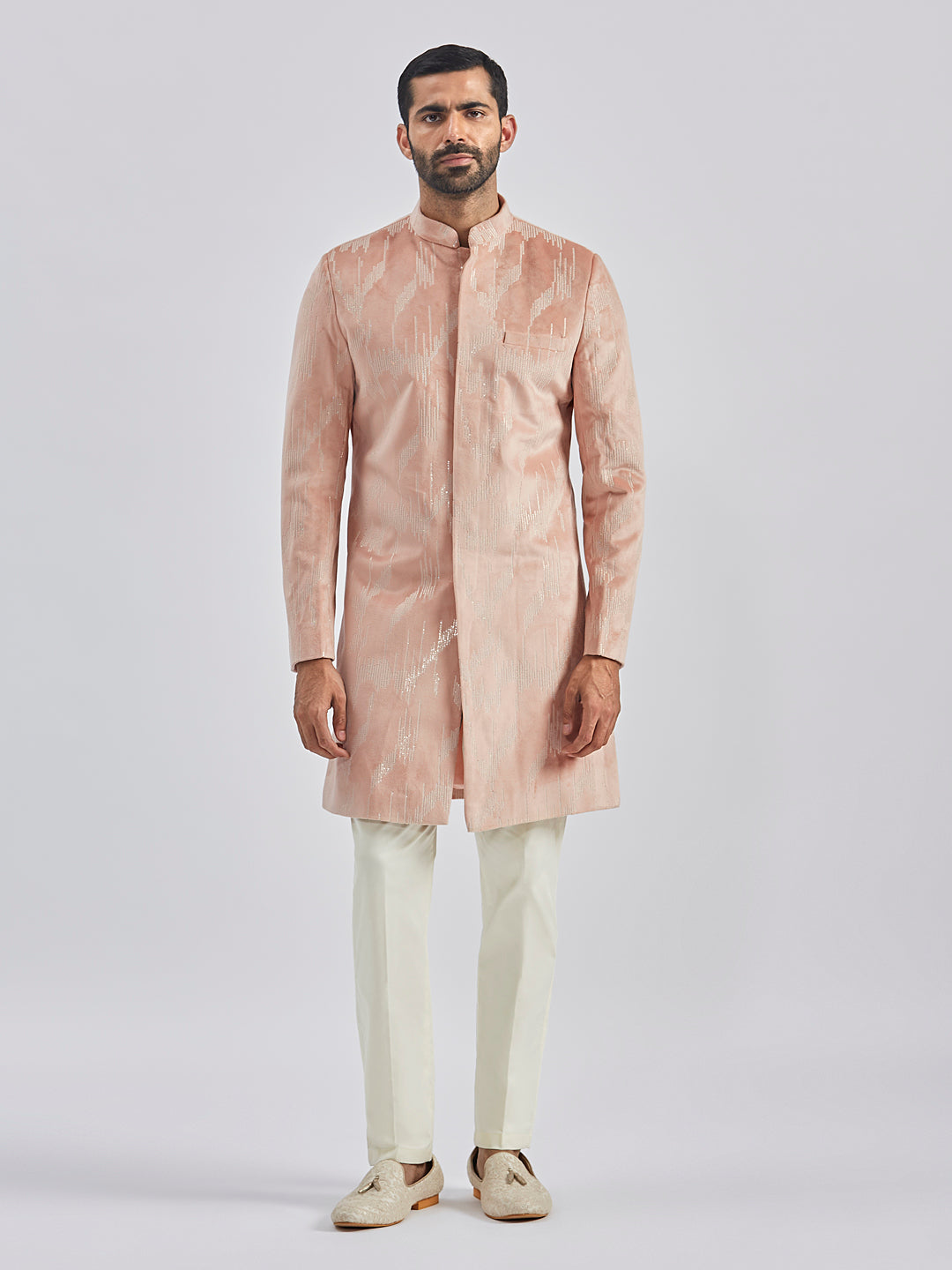 Men's Peach Velvet Sherwani Set