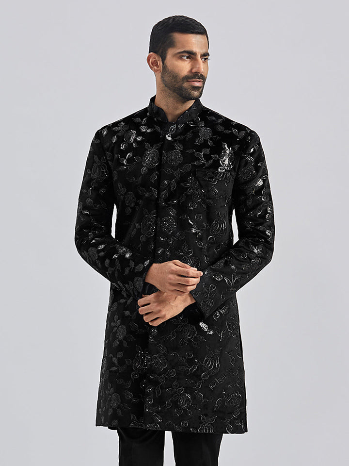 Men's Black Velvet Sherwani Only Top