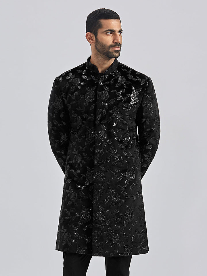 Men's Black Velvet Sherwani Only Top