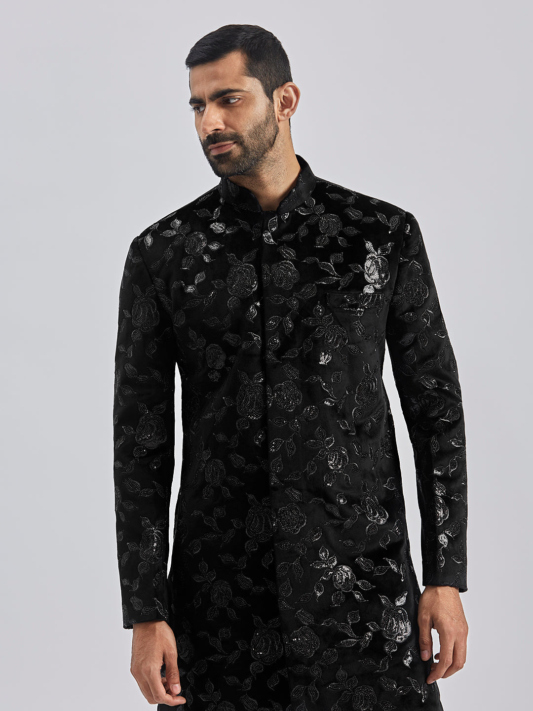 Men's Black Velvet Sherwani Only Top