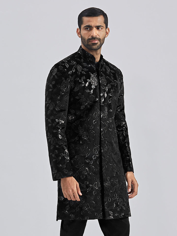 Men's Black Velvet Sherwani Only Top