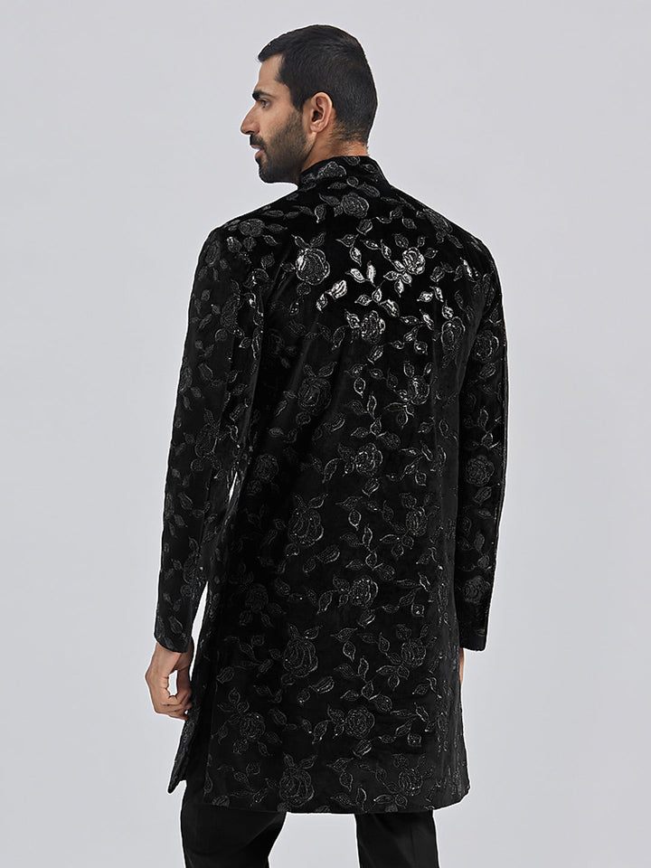 Men's Black Velvet Sherwani Only Top