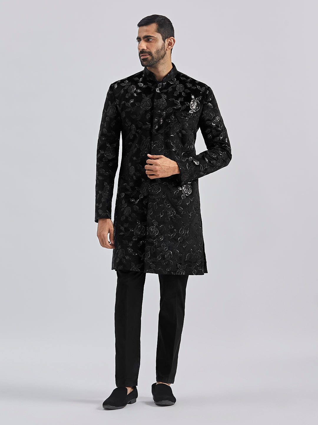 Men's Black Velvet Sherwani Only Top