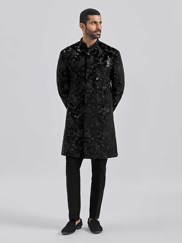 Men's Black Velvet Sherwani Set