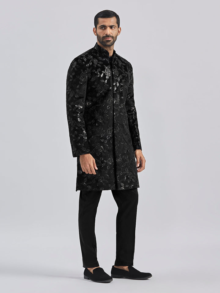 Men's Black Velvet Sherwani Set