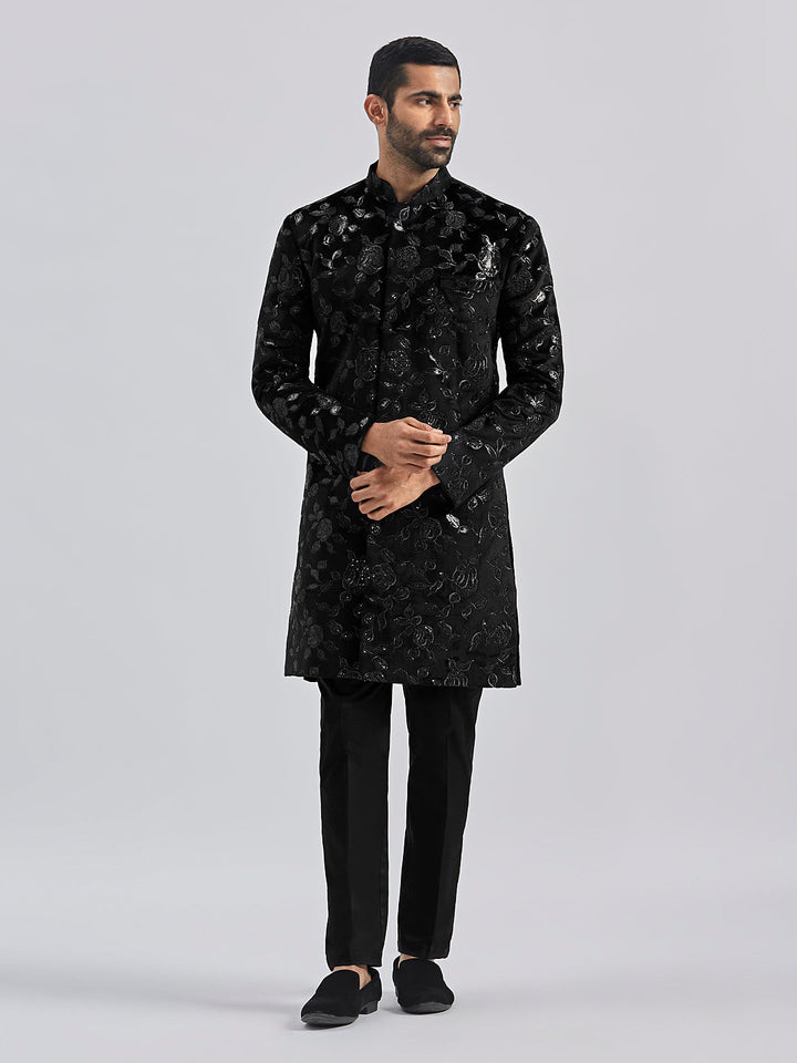 Men's Black Velvet Sherwani Set