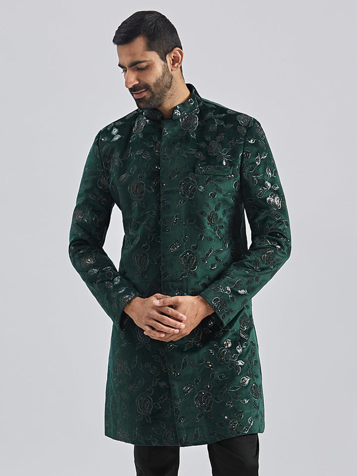 Men's Bottle Green Velvet Sherwani Only Top