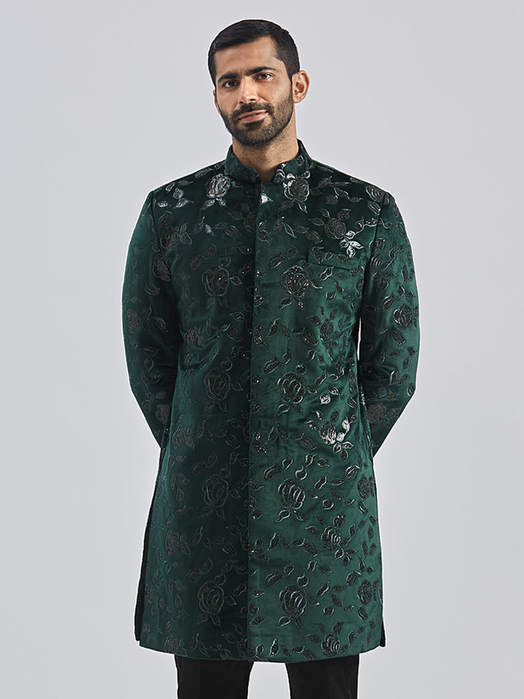 Men's Bottle Green Velvet Sherwani Only Top