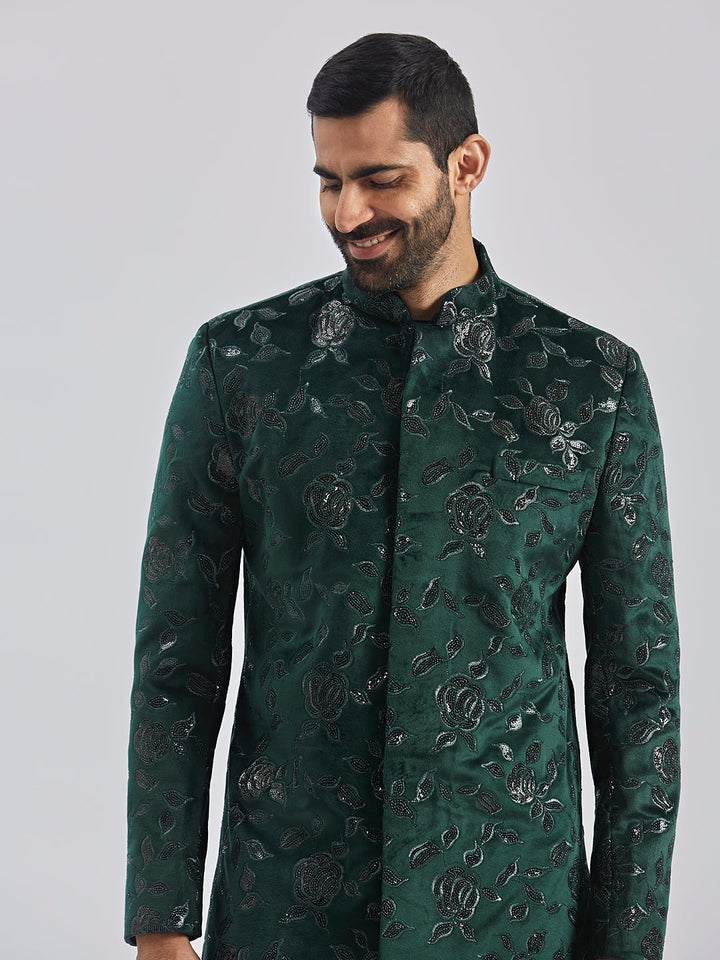 Men's Bottle Green Velvet Sherwani Only Top