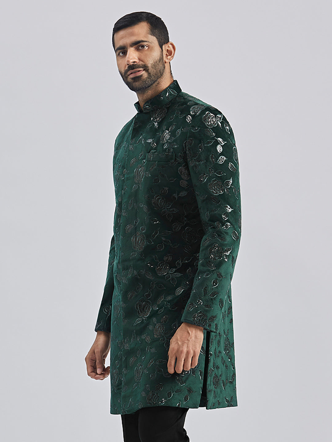 Men's Bottle Green Velvet Sherwani Only Top