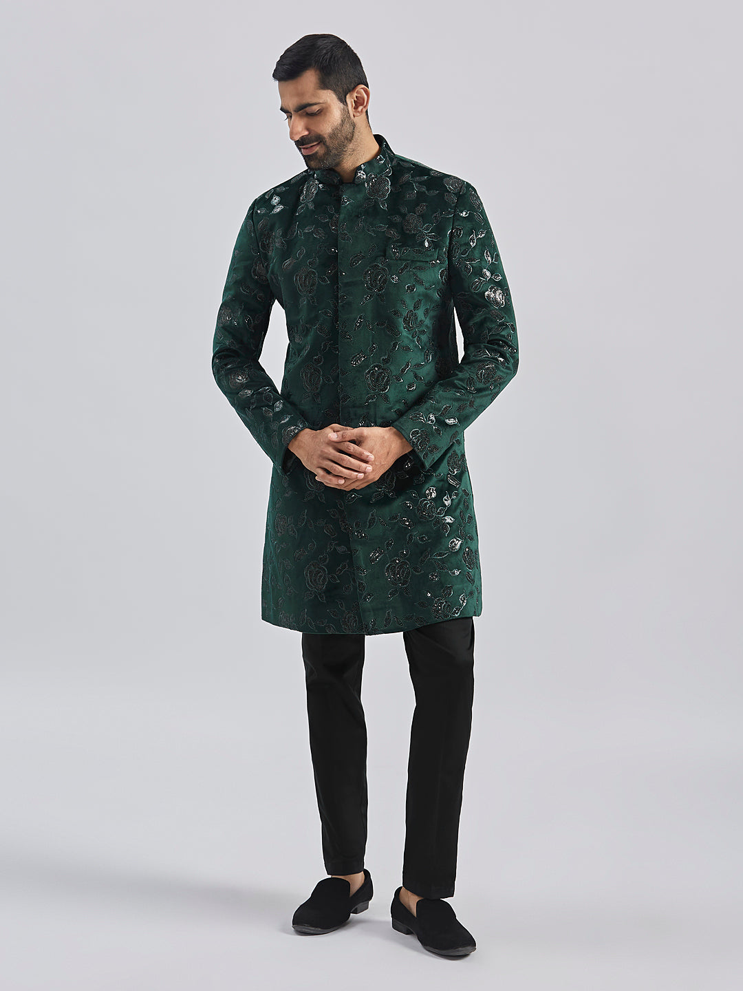 Men's Bottle Green Velvet Sherwani Only Top