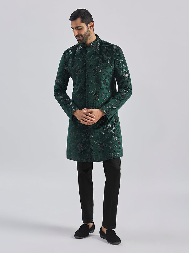 Men's Bottle Green Velvet Sherwani Set