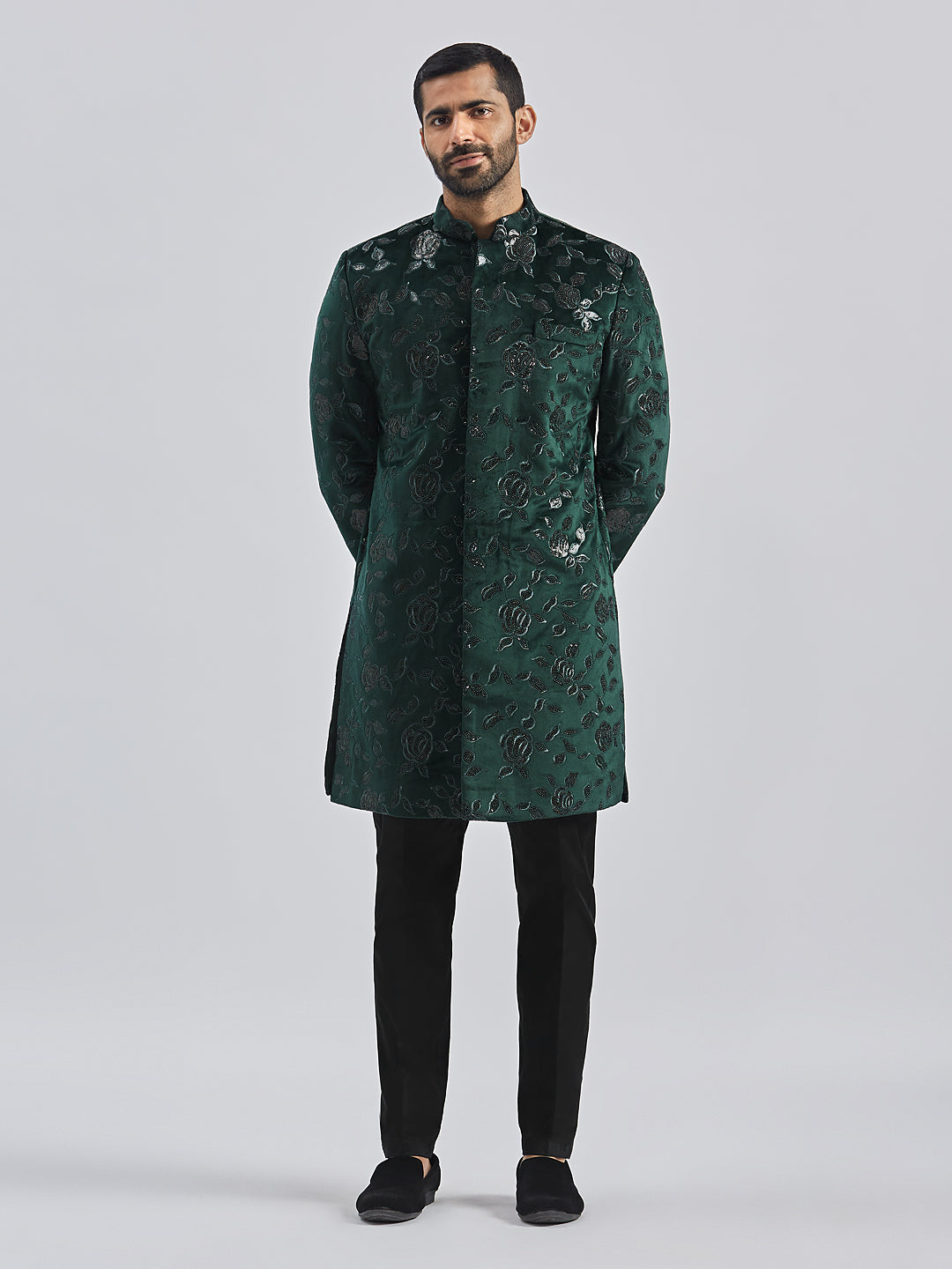 Men's Bottle Green Velvet Sherwani Set