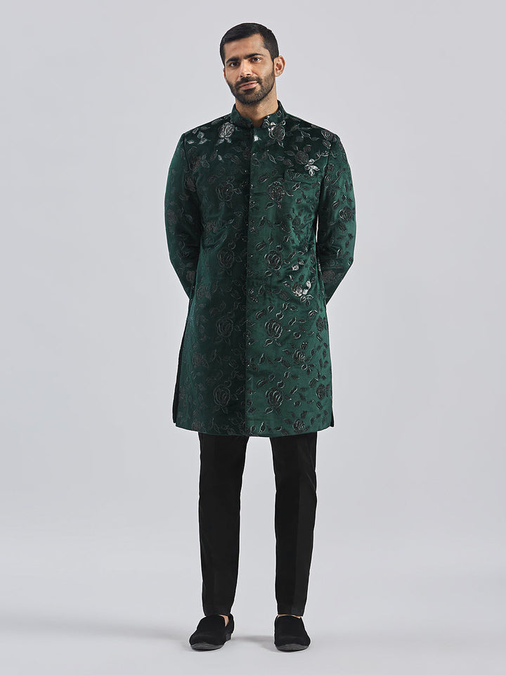 Men's Bottle Green Velvet Sherwani Set