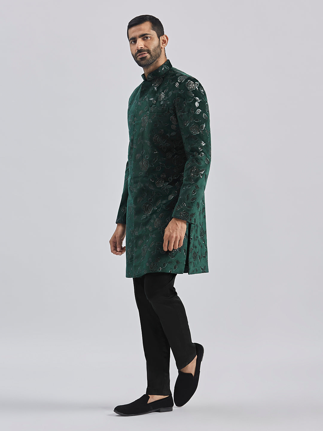 Men's Bottle Green Velvet Sherwani Set