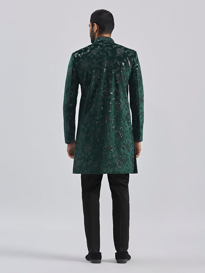 Men's Bottle Green Velvet Sherwani Set