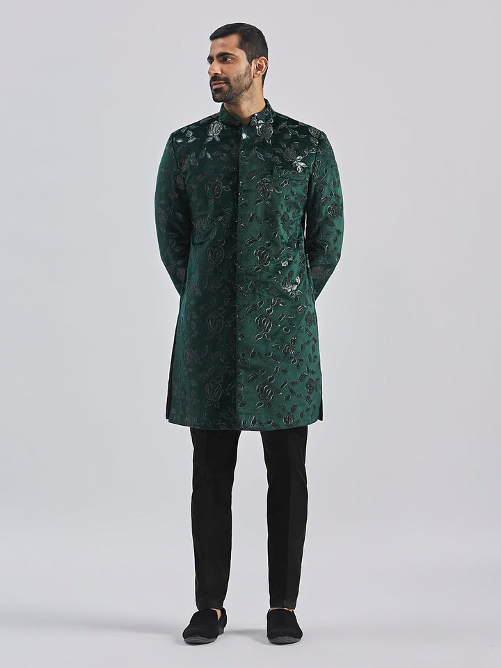 Men's Bottle Green Velvet Sherwani Set