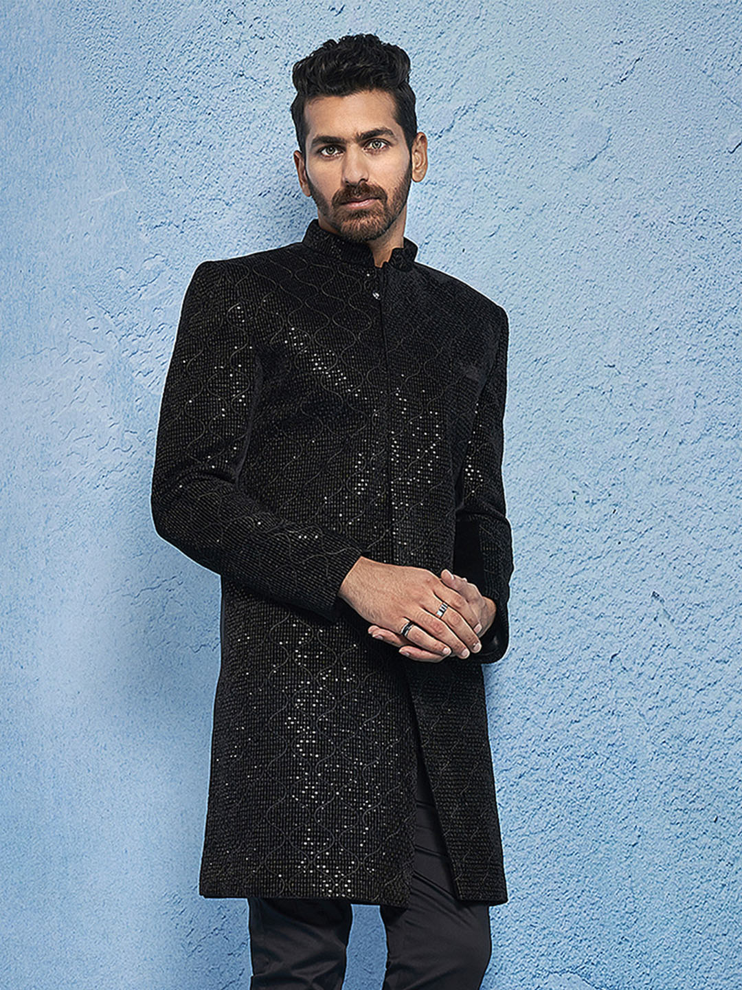 Men's Black Velvet Sherwani Only Top