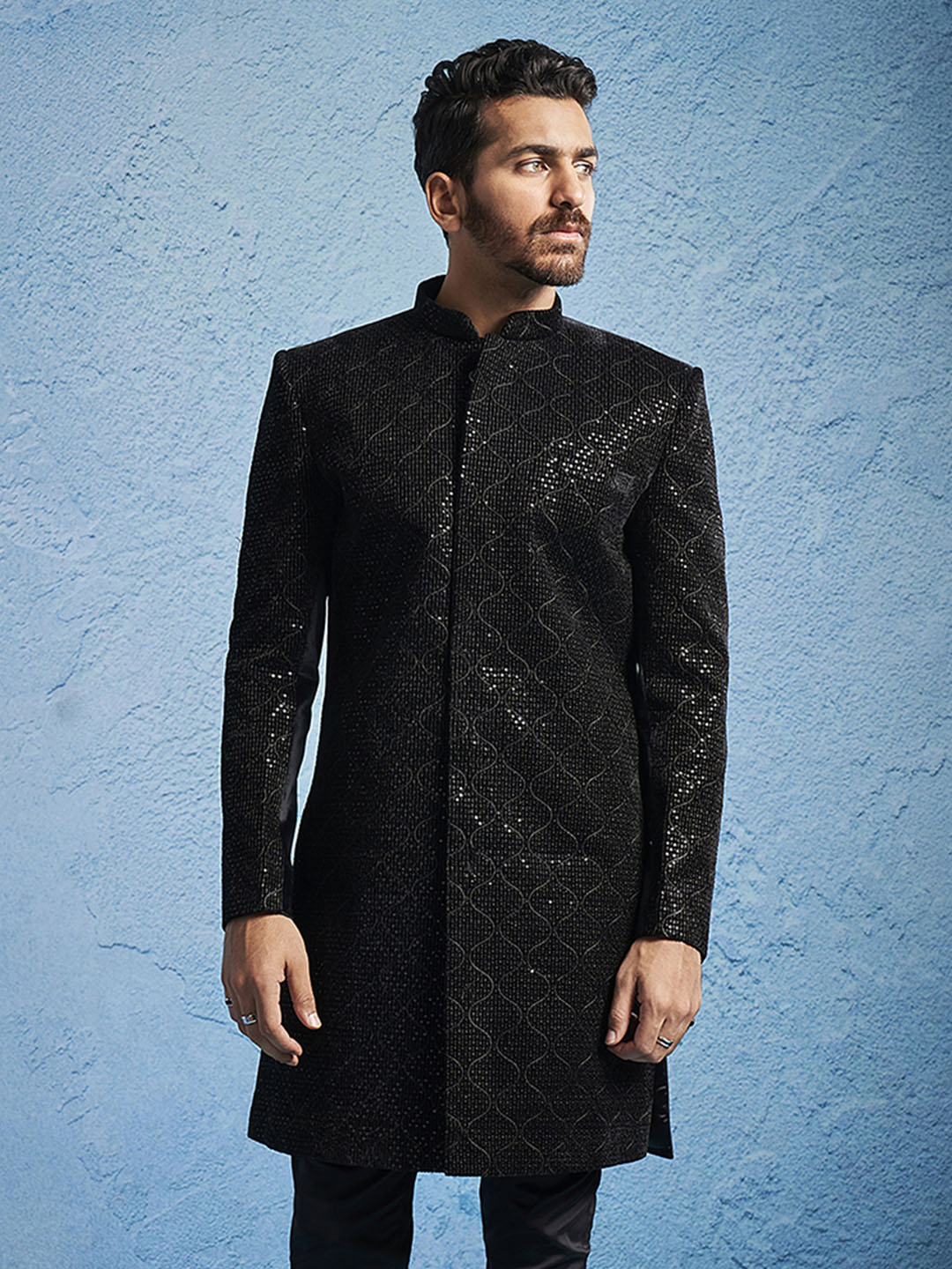 Men's Black Velvet Sherwani Only Top