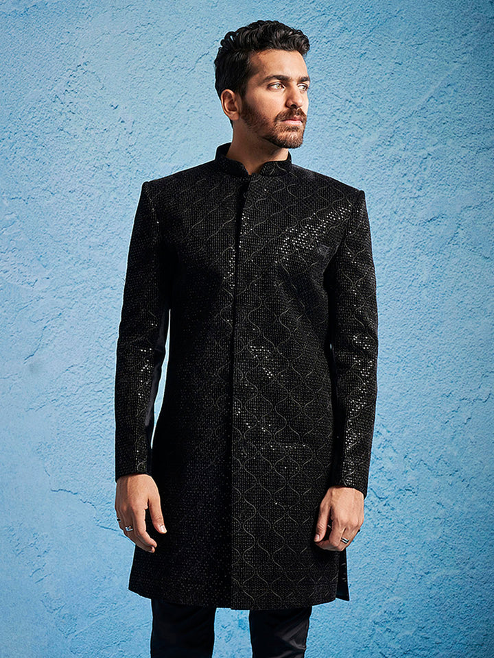 Men's Black Velvet Sherwani Only Top