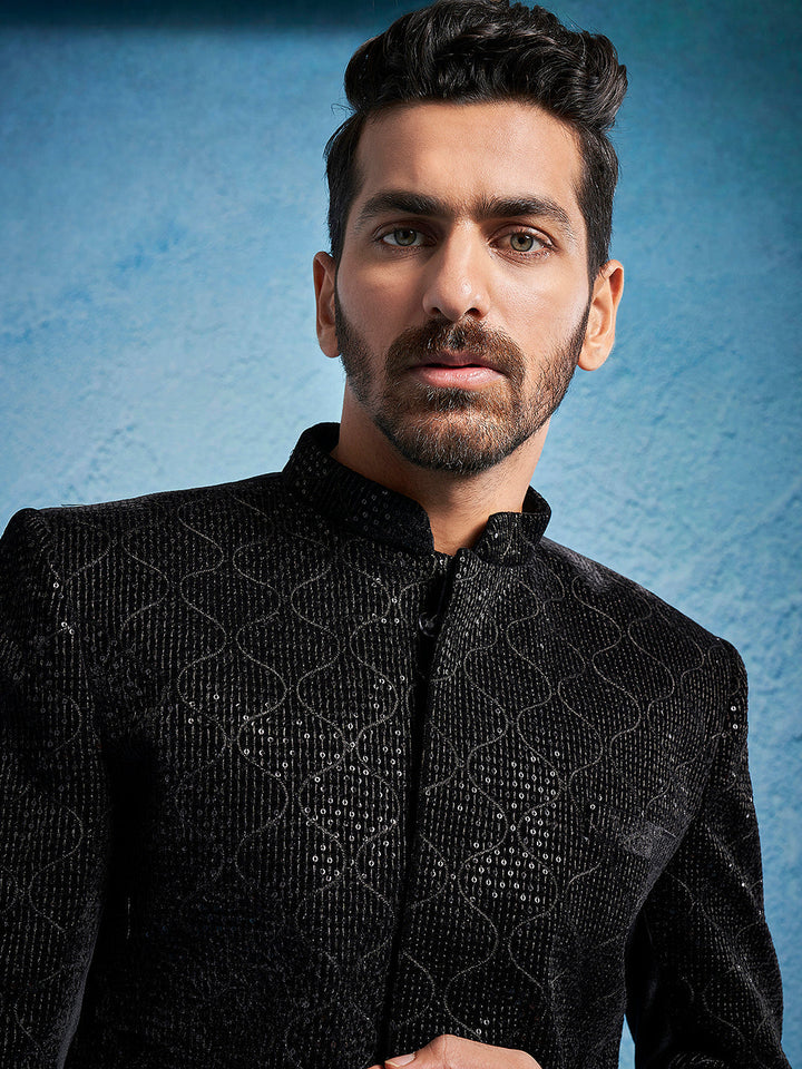 Men's Black Velvet Sherwani Only Top