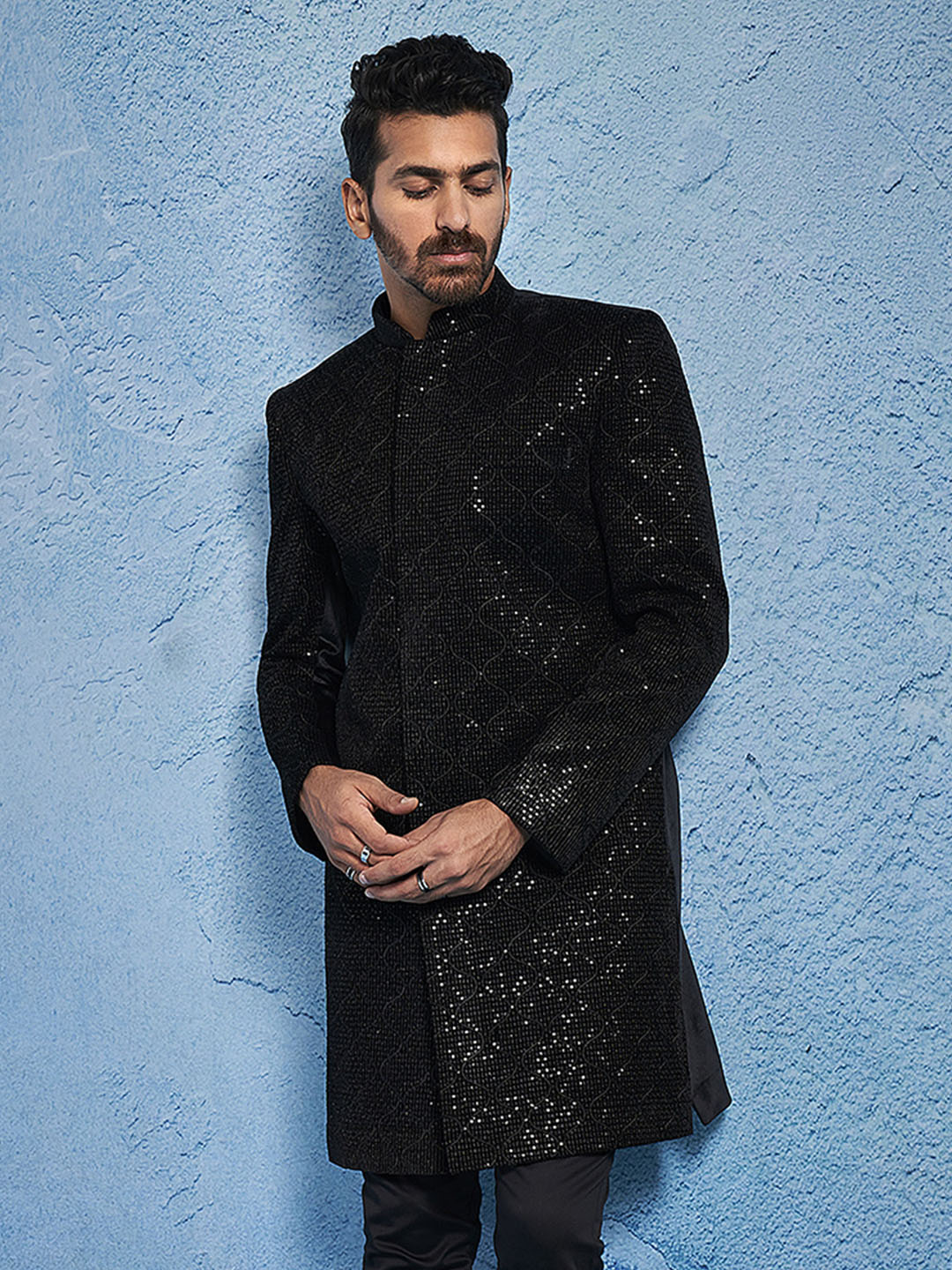 Men's Black Velvet Sherwani Only Top