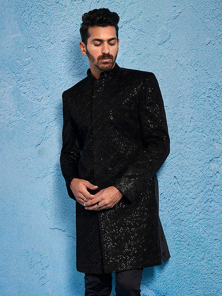 Men's Black Velvet Sherwani Only Top