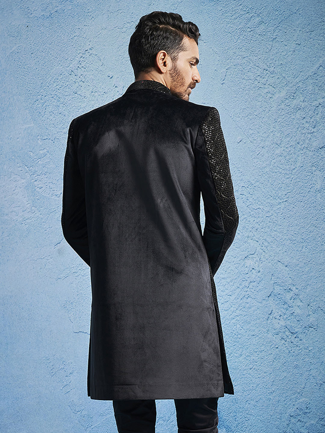 Men's Black Velvet Sherwani Only Top